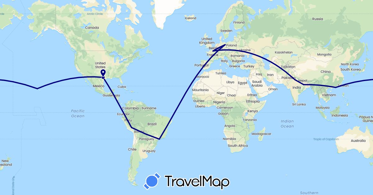 TravelMap itinerary: driving in Brazil, China, Germany, France, India, Peru, United States (Asia, Europe, North America, South America)